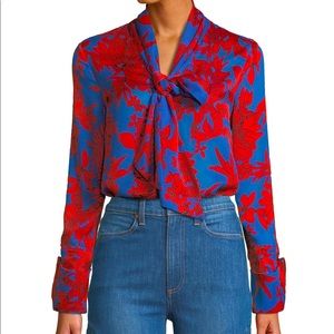 Alice & Olivia Gwenda Silk Floral Tie Neck Blouse